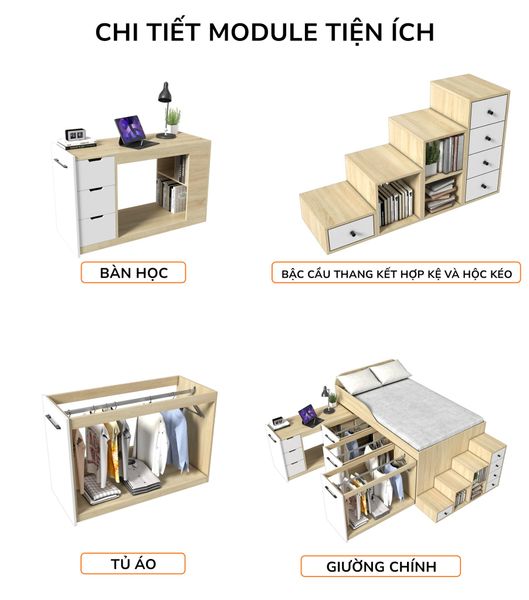 Giường đa năng kết hợp bàn học và tủ kéo thông minh mã BC.GDN14