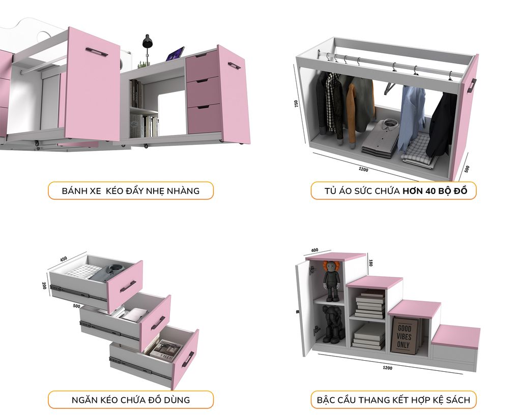Giường ngủ kết hợp bàn học tủ áo GDN.BT15