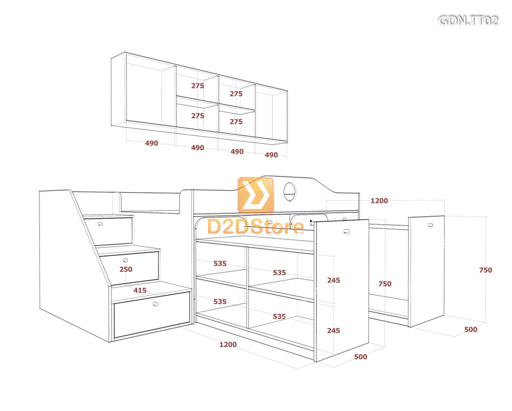 Giường kết hợp tủ áo thấp GDN.TT02