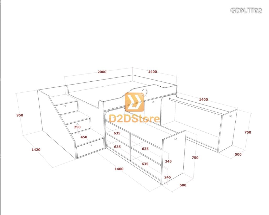 Giường kết hợp tủ áo thấp GDN.TT02