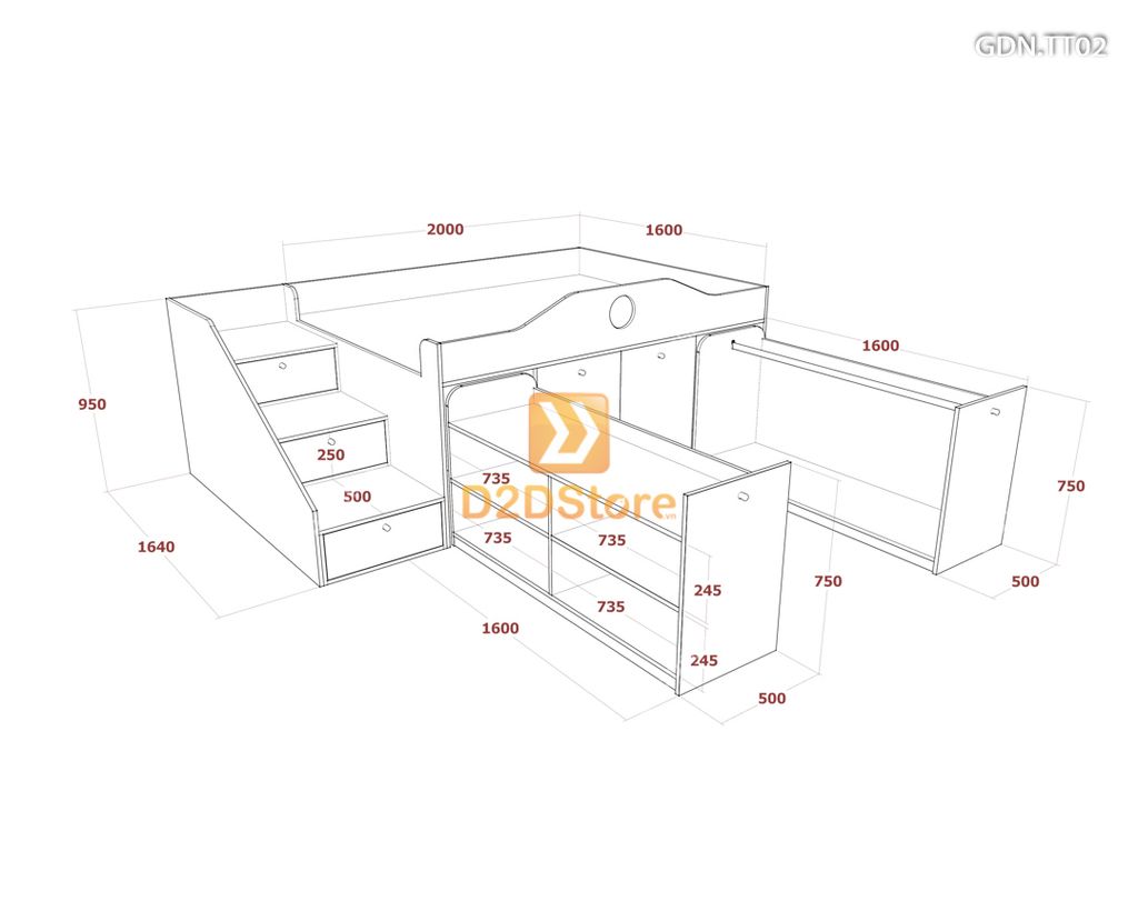 Giường kết hợp tủ áo thấp GDN.TT02