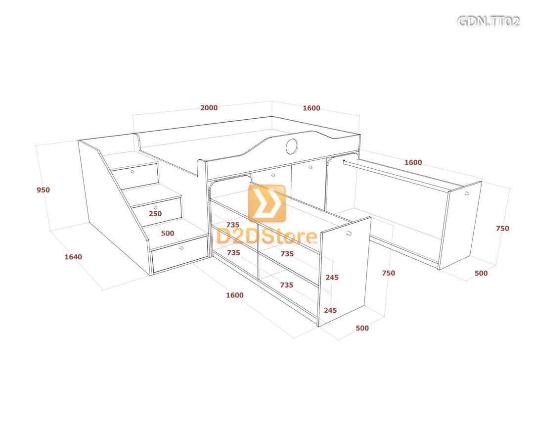  Giường kết hợp tủ áo thấp GDN.TT02 