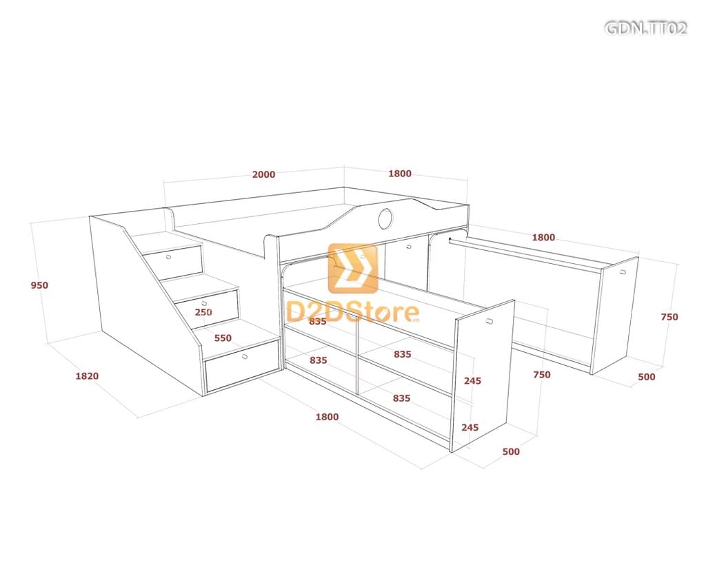 Giường kết hợp tủ áo thấp GDN.TT02