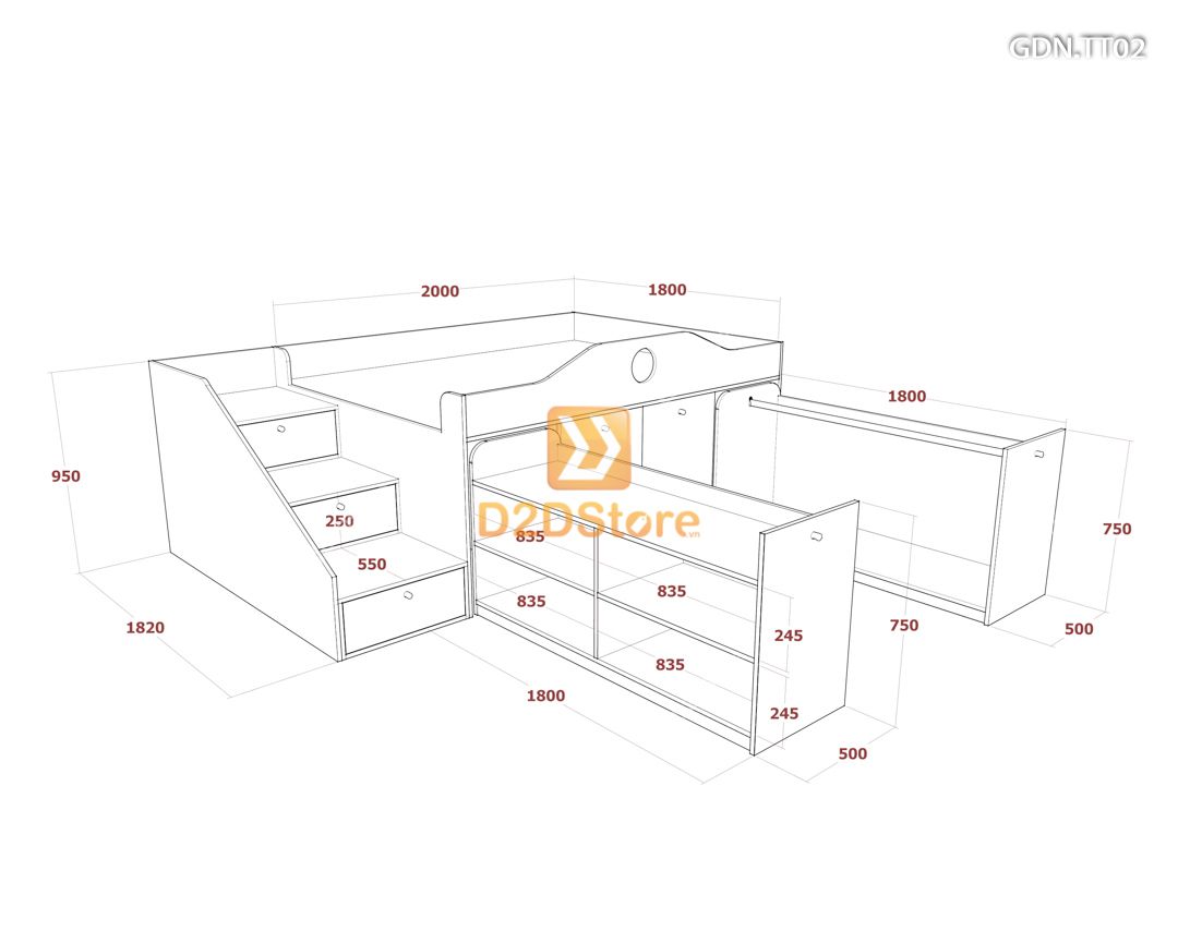  Giường kết hợp tủ áo thấp GDN.TT02 