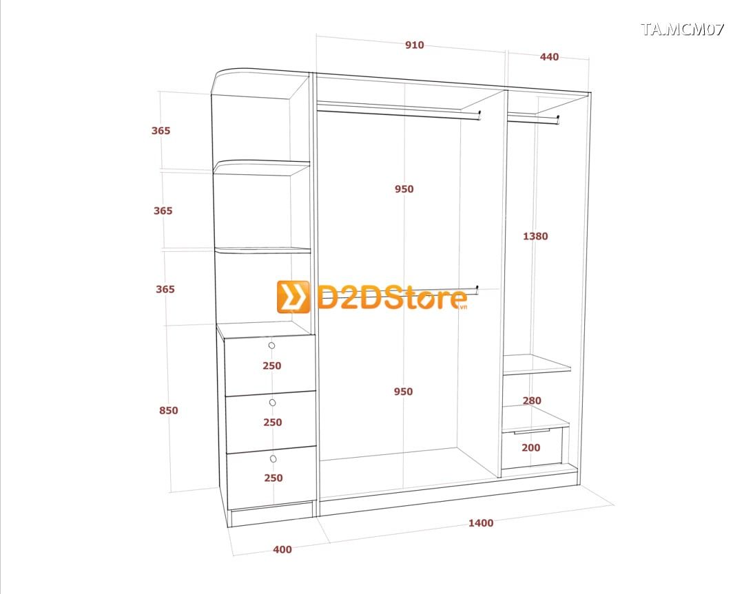  Tủ quần áo gỗ phủ melamine cánh mở TA.MCM07 