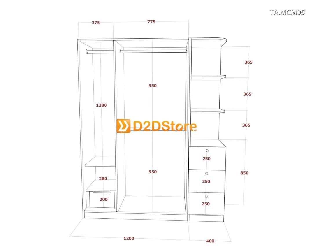  Tủ quần áo gỗ phủ melamine cánh mở TA.MCM05 