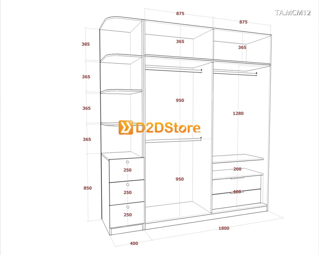 Tủ quần áo gỗ phủ melamine cánh mở TA.MCM12