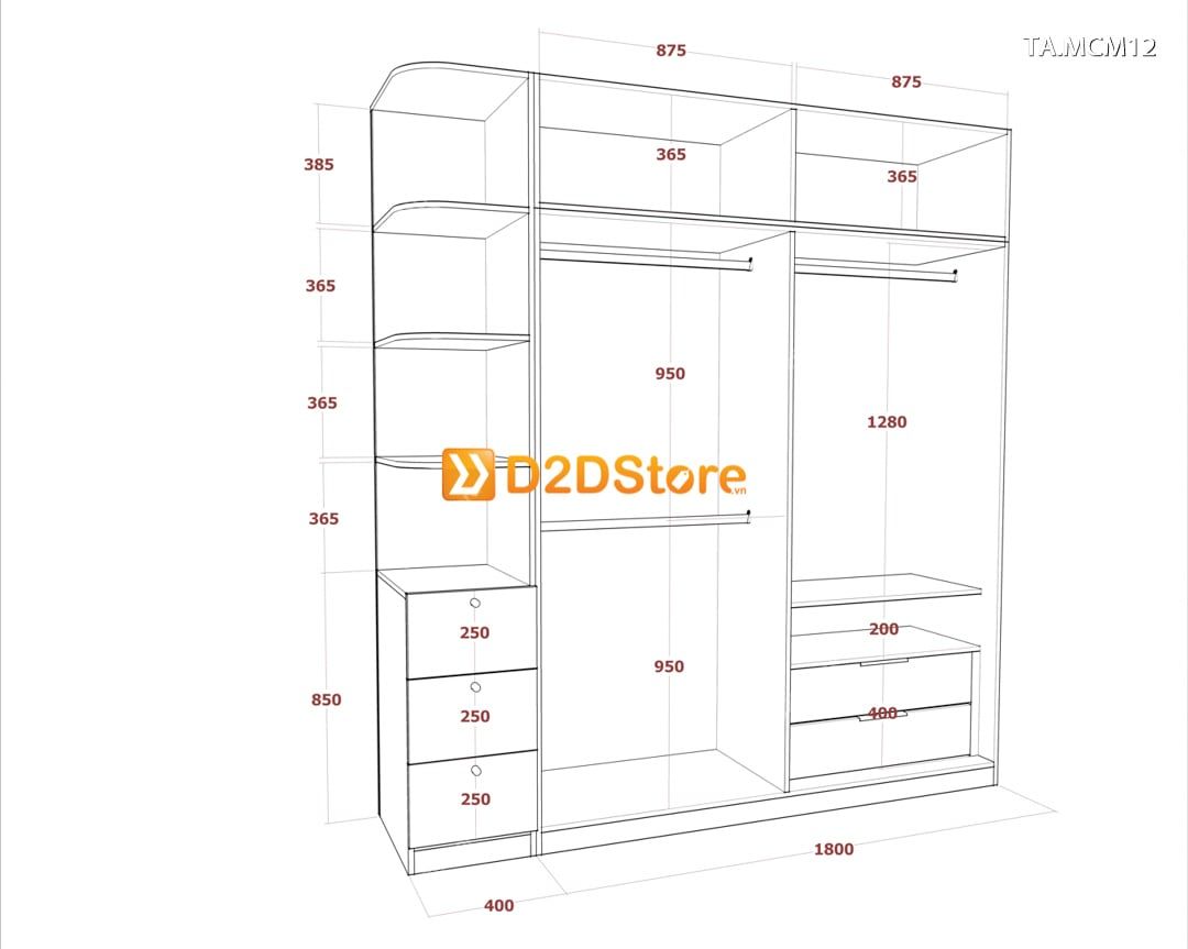  Tủ quần áo gỗ phủ melamine cánh mở TA.MCM12 