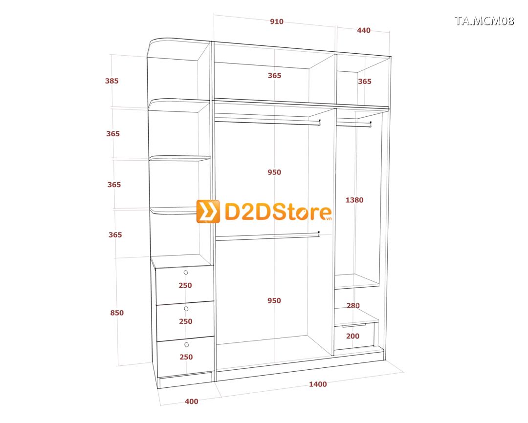  Tủ quần áo gỗ phủ melamine cánh mở TA.MCM08 