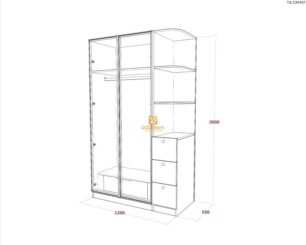Tủ áo cánh kính cửa mở TA.CKM01