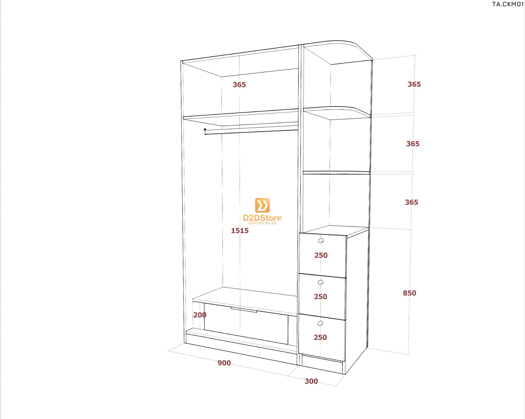  Tủ áo cánh kính cửa mở TA.CKM01 