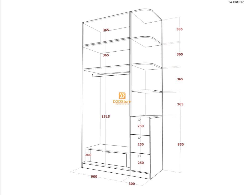 Tủ áo cánh kính cửa mở TA.CKM02
