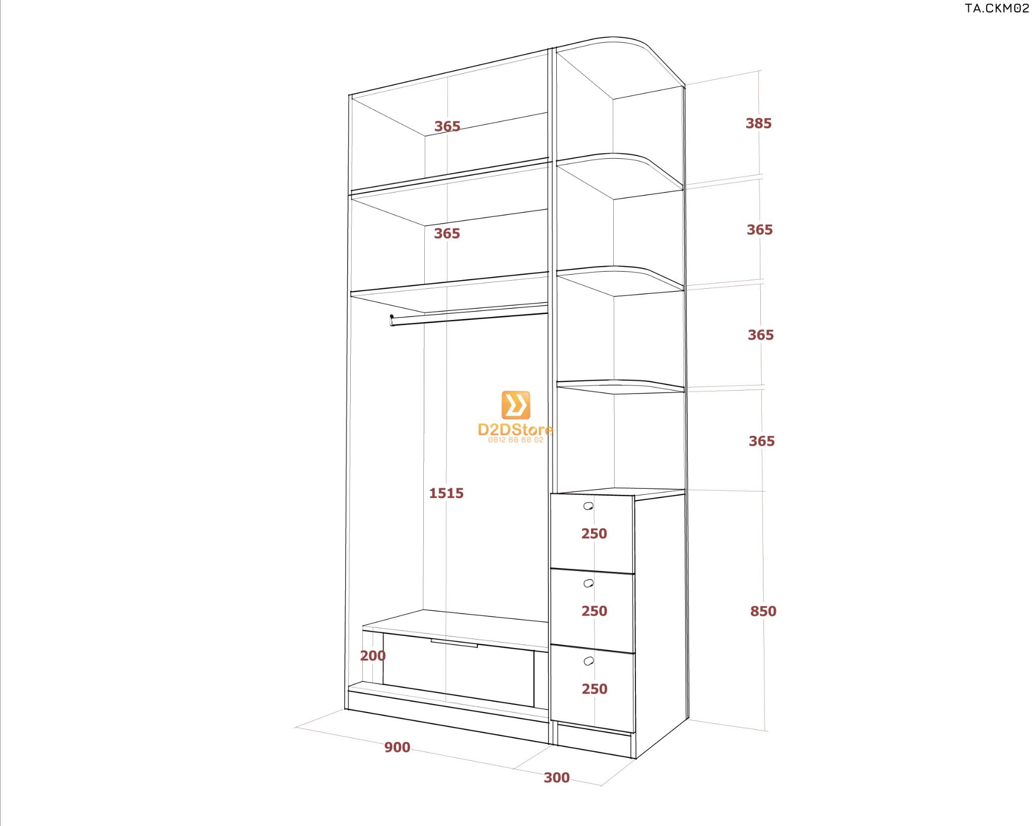  Tủ áo cánh kính cửa mở TA.CKM02 
