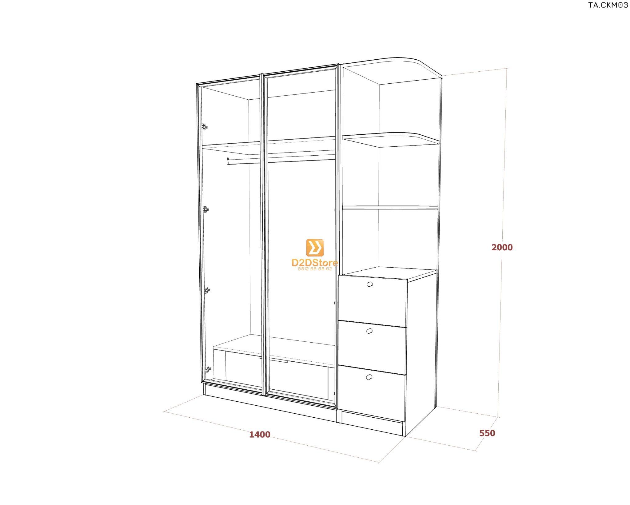  Tủ áo cánh kính cửa mở TA.CKM03 