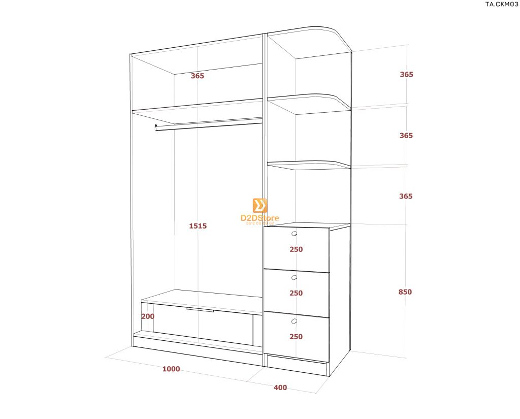 Tủ áo cánh kính cửa mở TA.CKM03