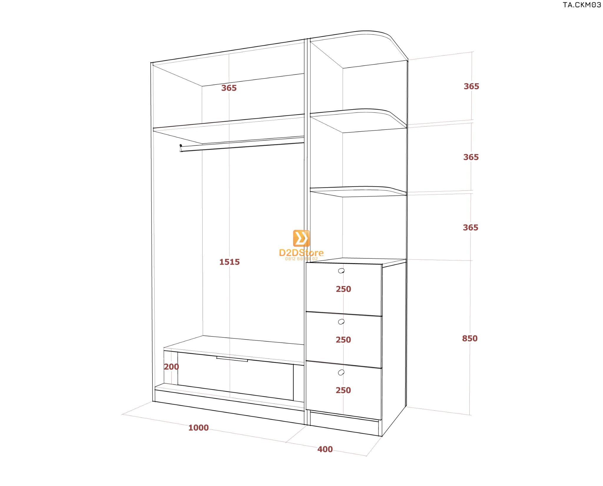  Tủ áo cánh kính cửa mở TA.CKM03 