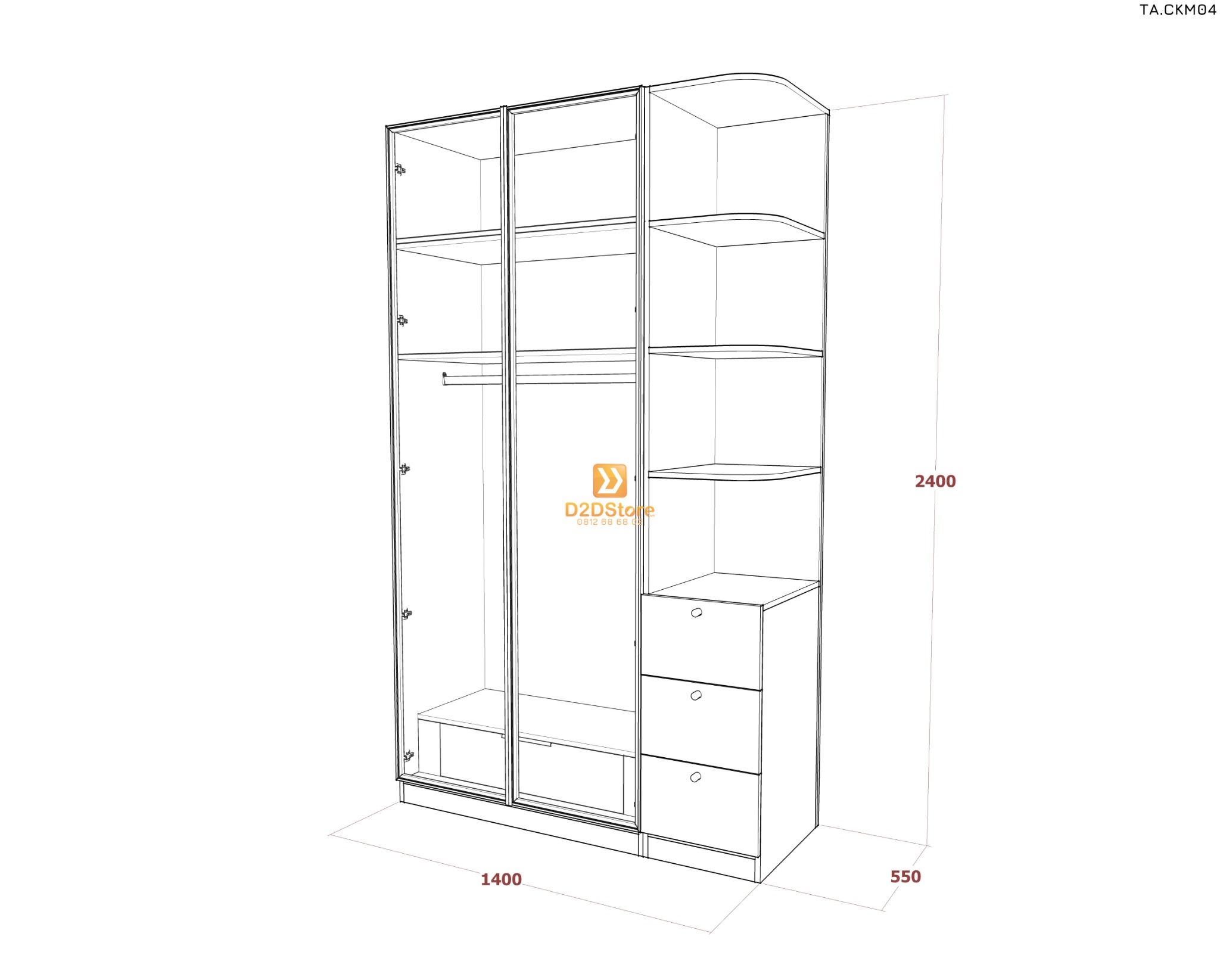  Tủ áo cánh kính cửa mở TA.CKM04 