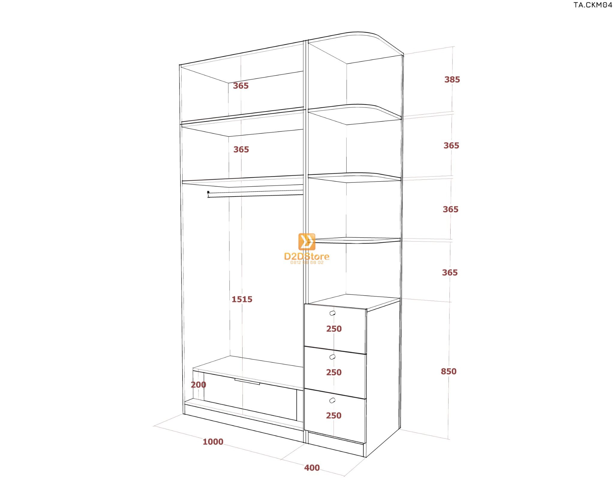  Tủ áo cánh kính cửa mở TA.CKM04 