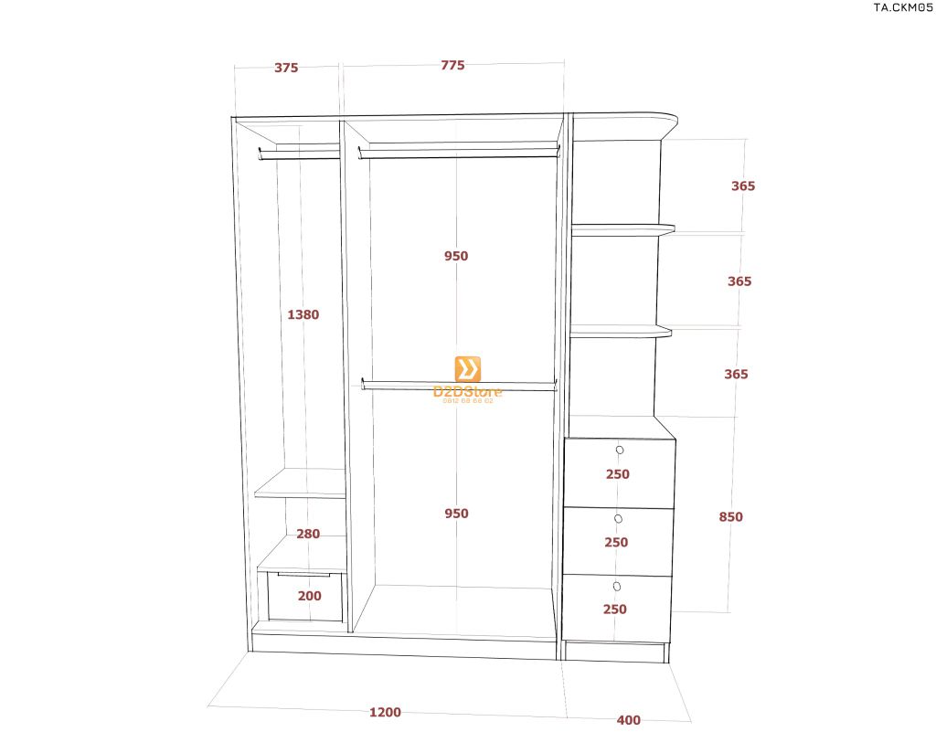Tủ áo cánh kính cửa mở TA.CKM05