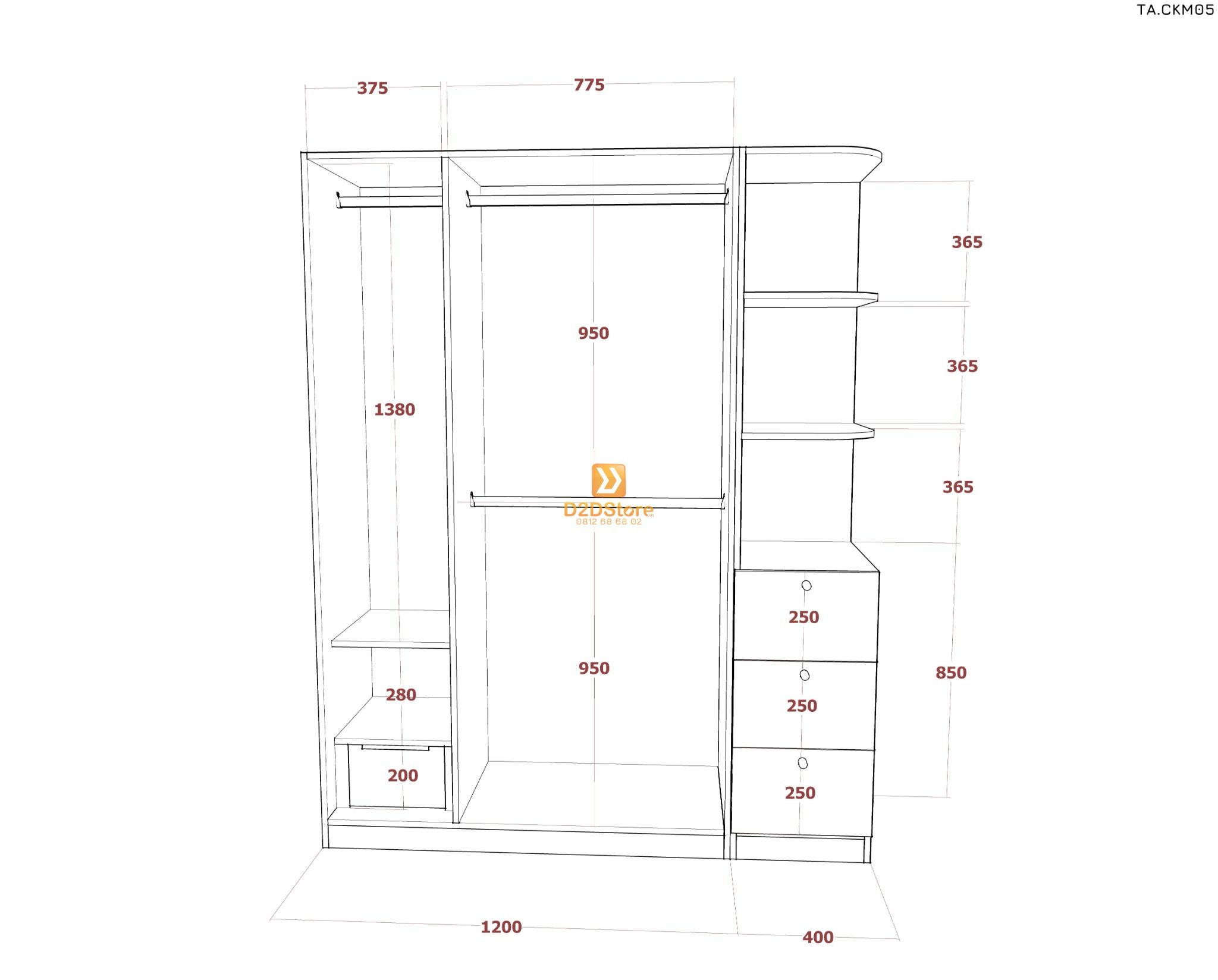 Tủ áo cánh kính cửa mở TA.CKM05 