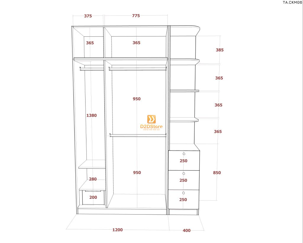 Tủ áo cánh kính cửa mở TA.CKM06