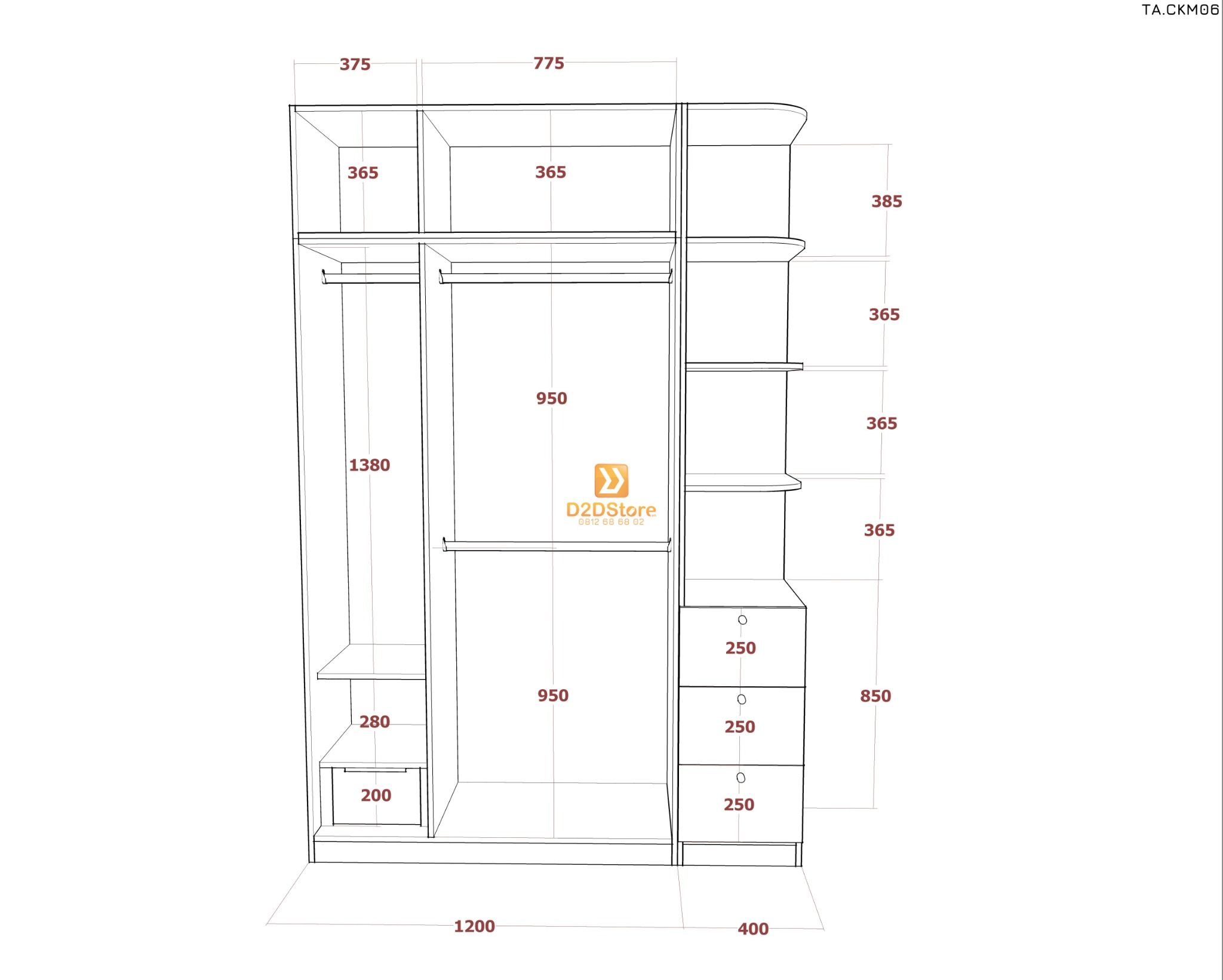 Tủ áo cánh kính cửa mở TA.CKM06 