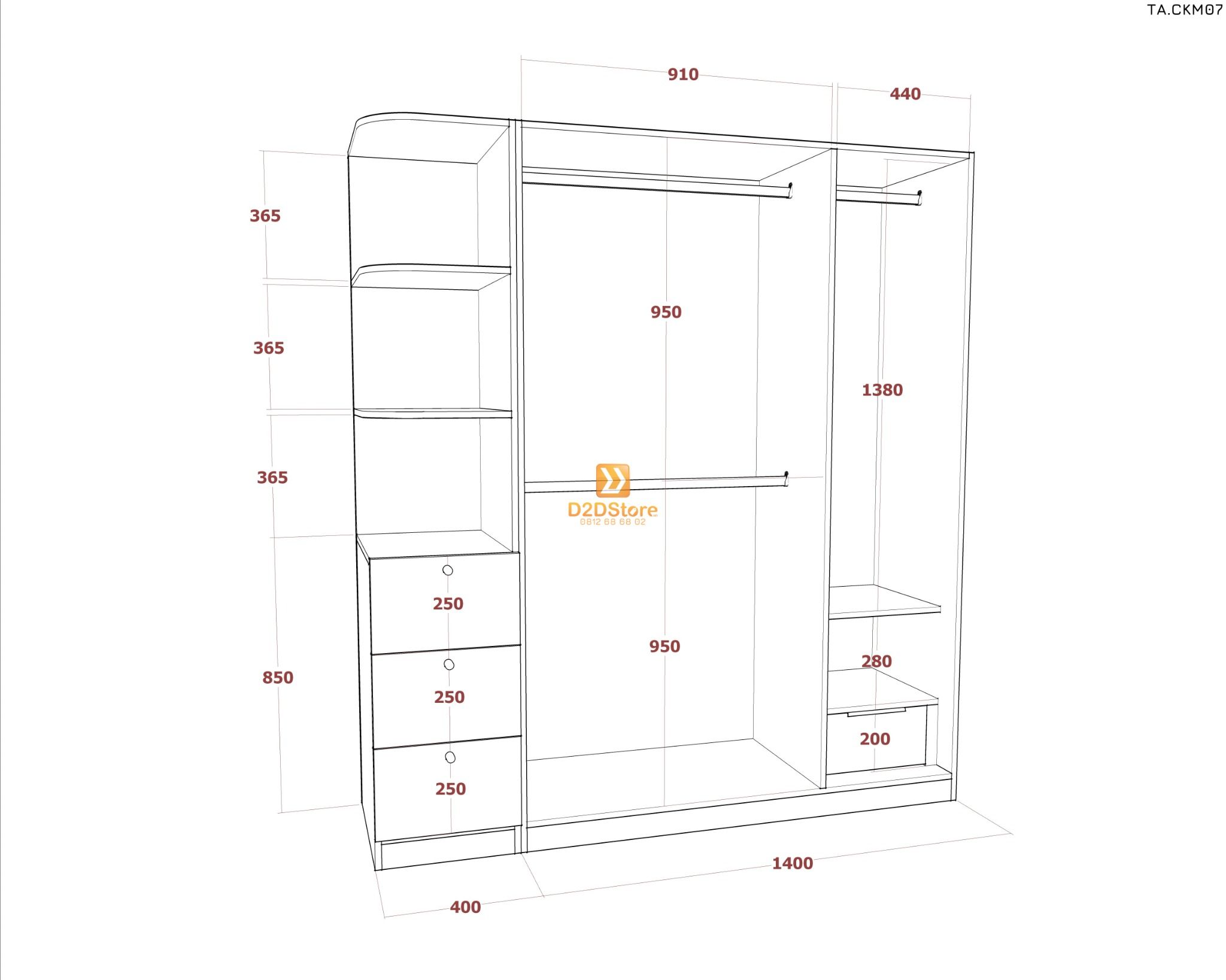  Tủ áo cánh kính cửa mở TA.CKM07 