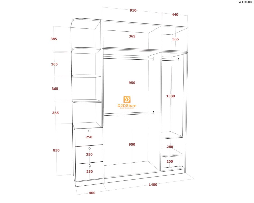 Tủ áo cánh kính cửa mở TA.CKM08