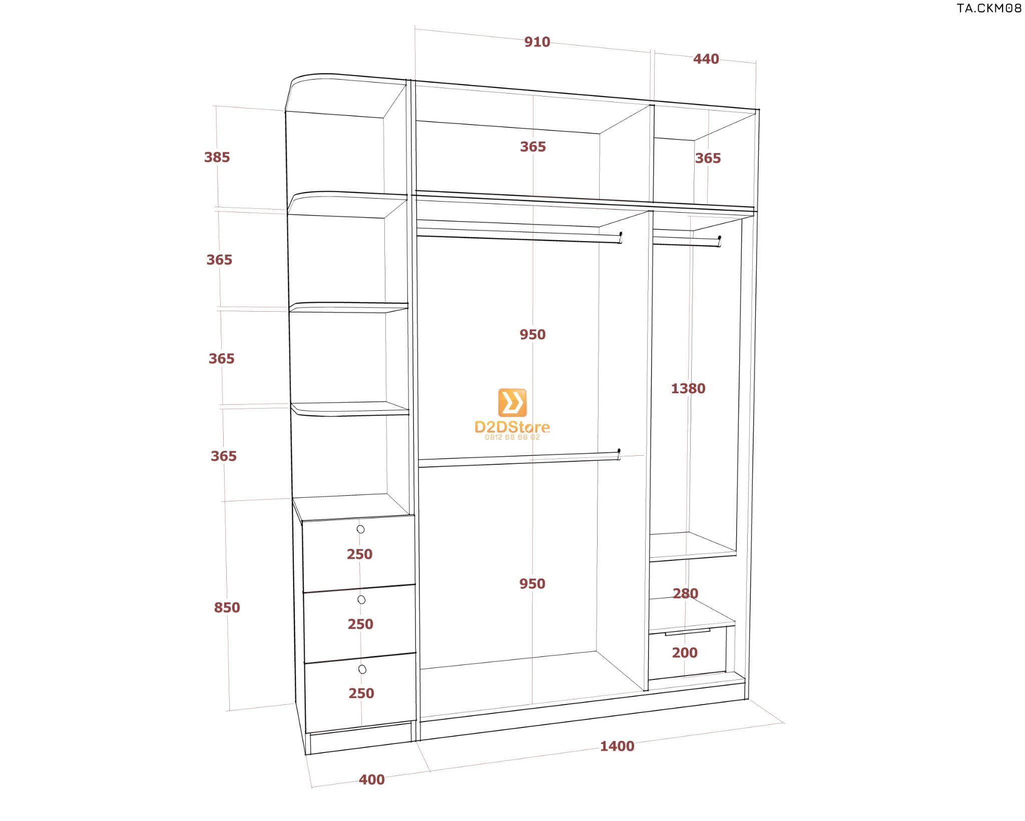  Tủ áo cánh kính cửa mở TA.CKM08 