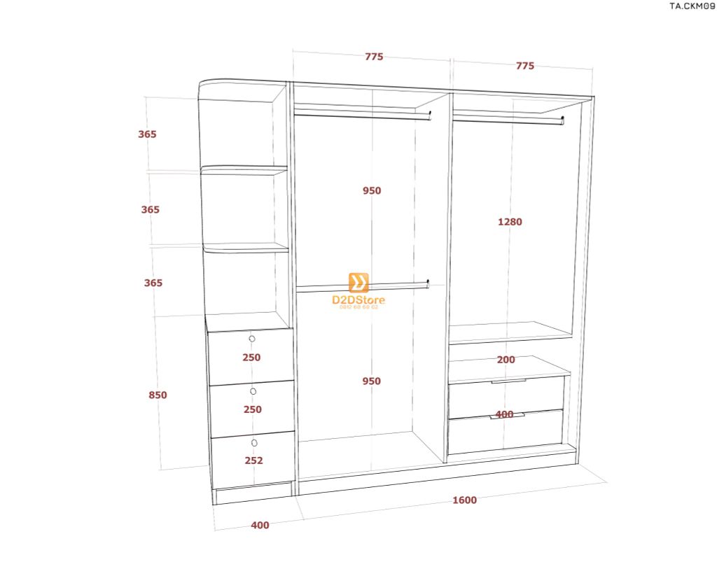 Tủ áo cánh kính cửa mở TA.CKM09
