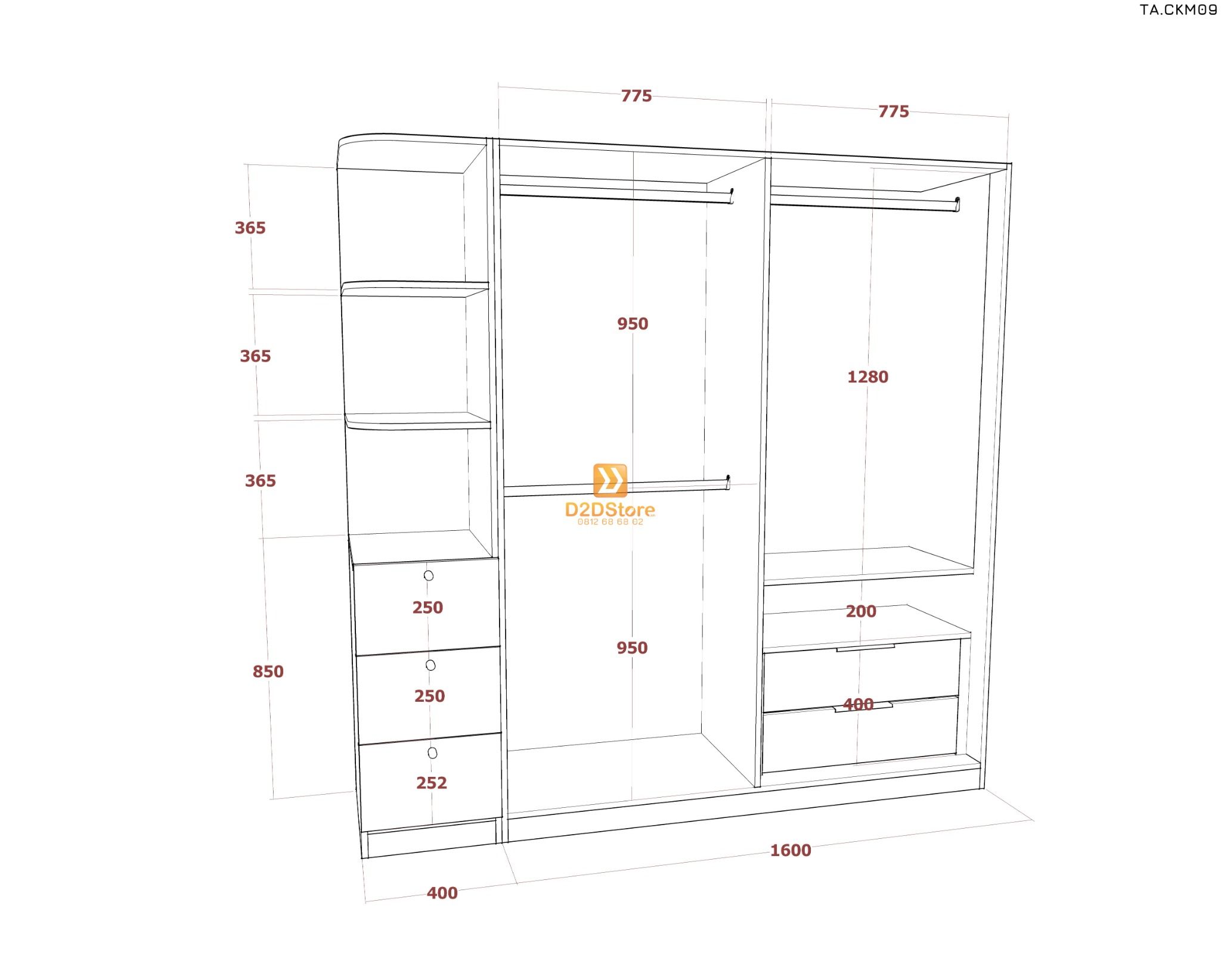  Tủ áo cánh kính cửa mở TA.CKM09 