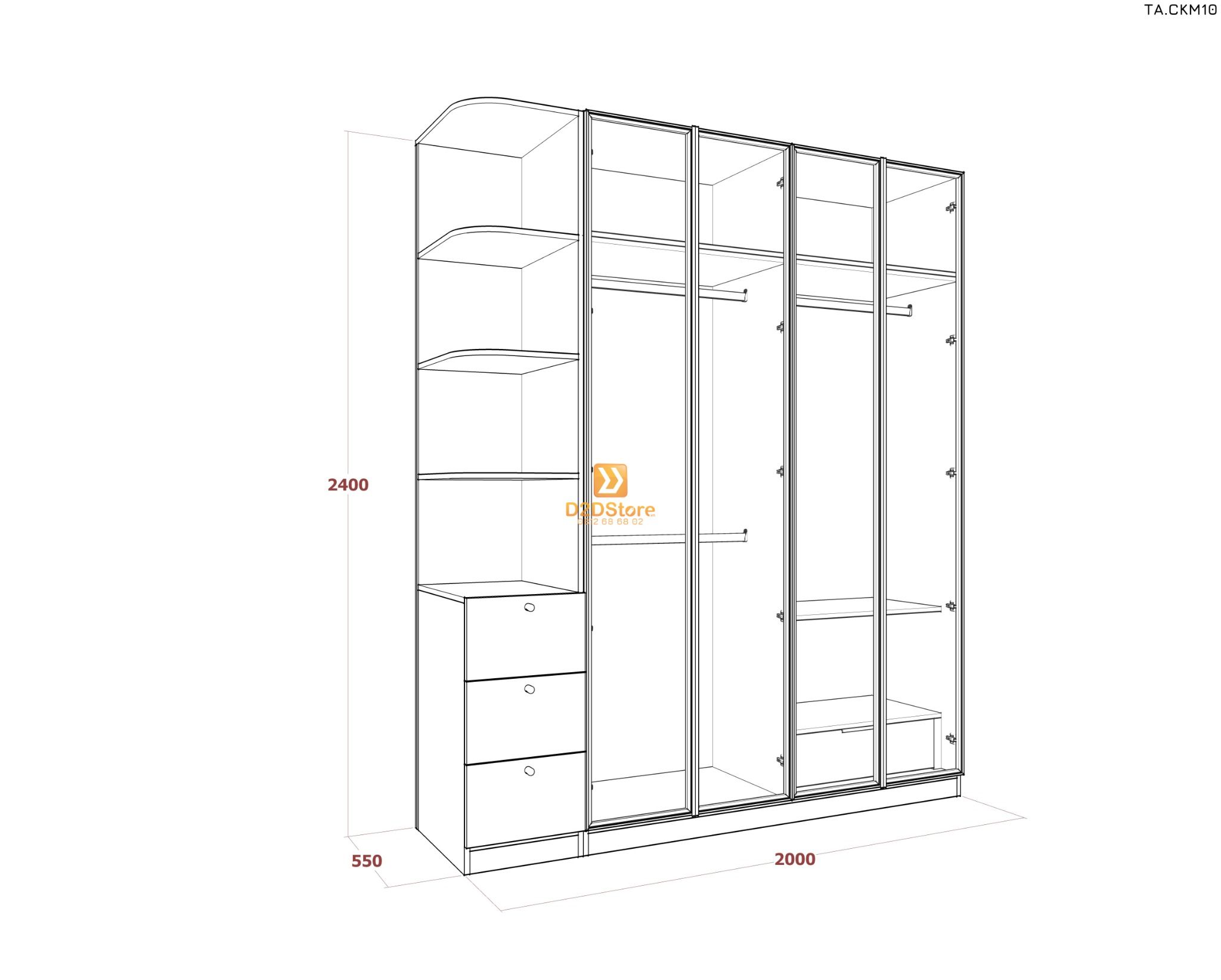  Tủ áo cánh kính cửa mở TA.CKM10 