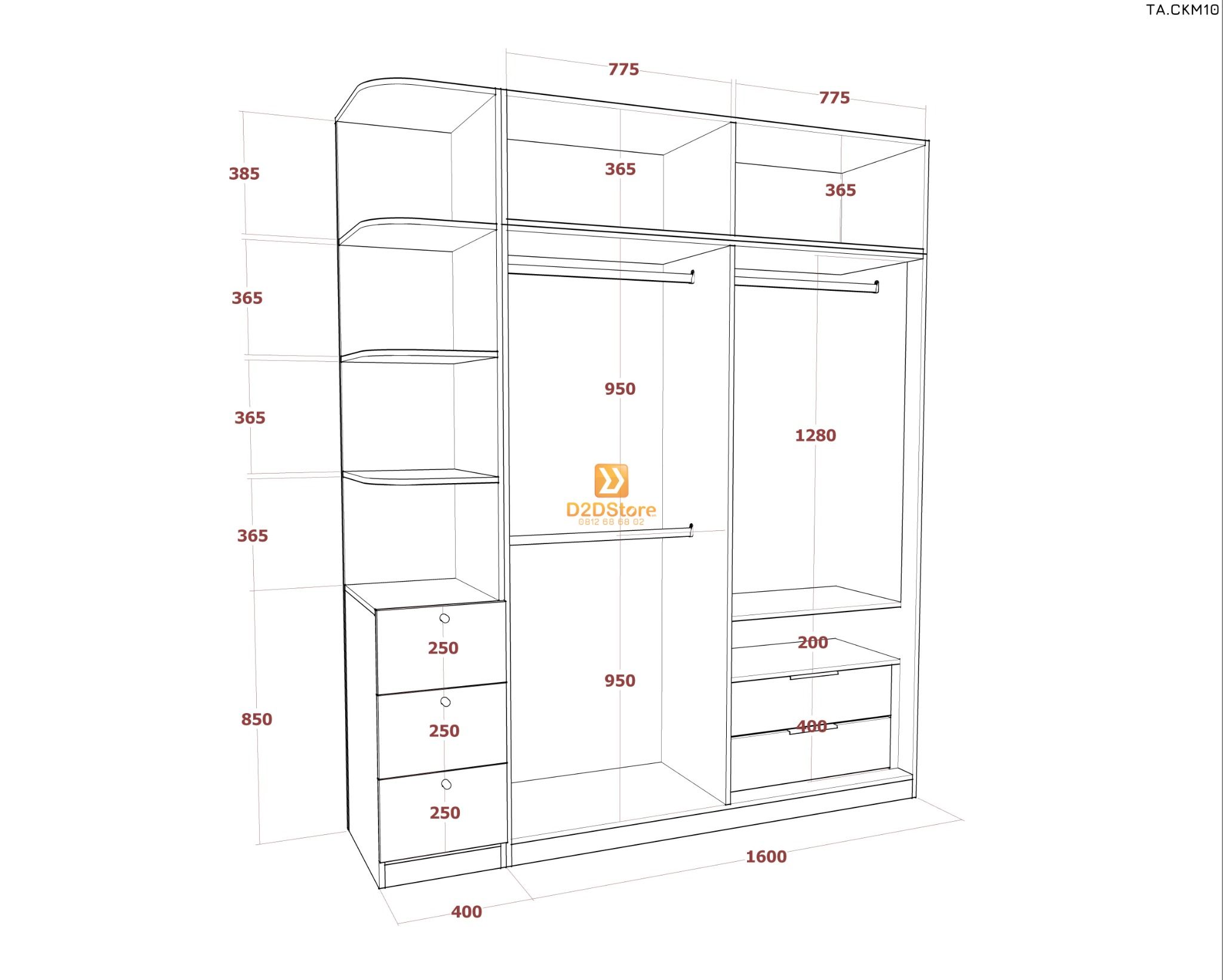  Tủ áo cánh kính cửa mở TA.CKM10 