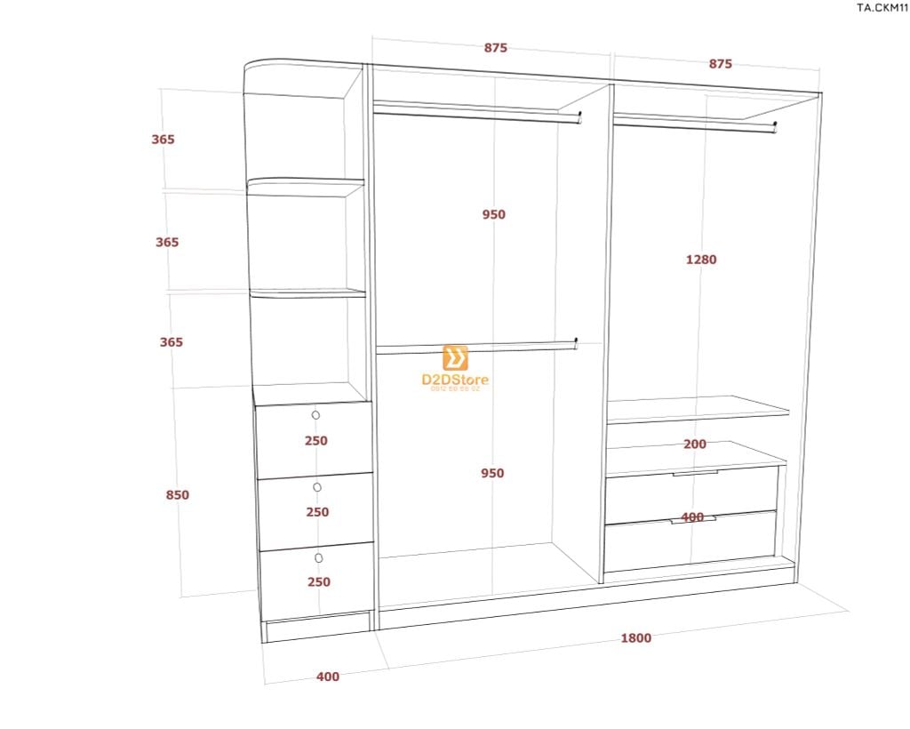 Tủ áo cánh kính cửa mở TA.CKM11