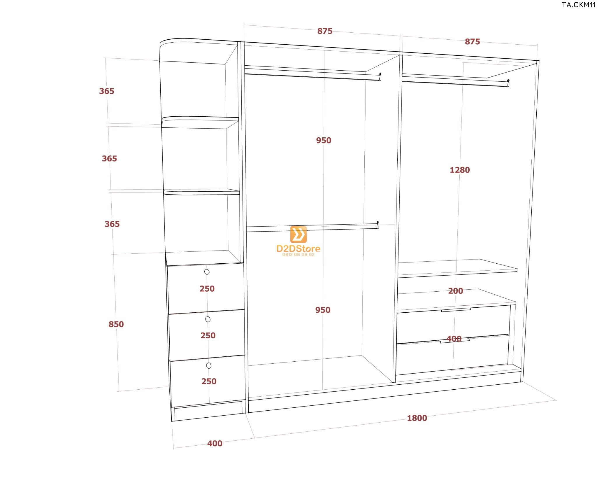 Tủ áo cánh kính cửa mở TA.CKM11 