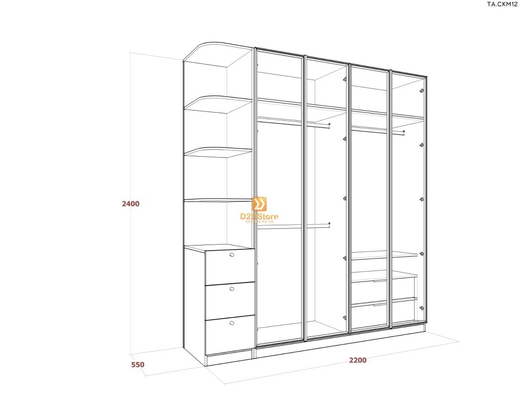 Tủ áo cánh kính cửa mở TA.CKM12