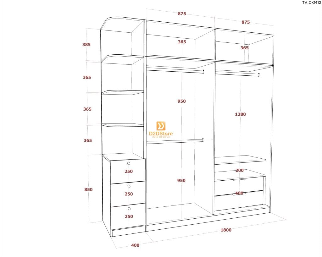 Tủ áo cánh kính cửa mở TA.CKM12
