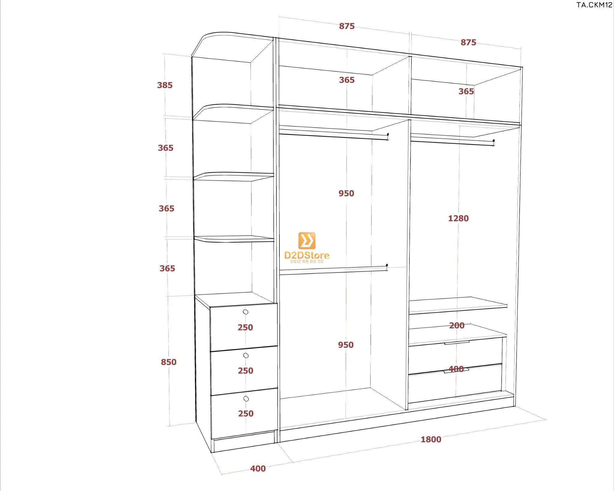  Tủ áo cánh kính cửa mở TA.CKM12 