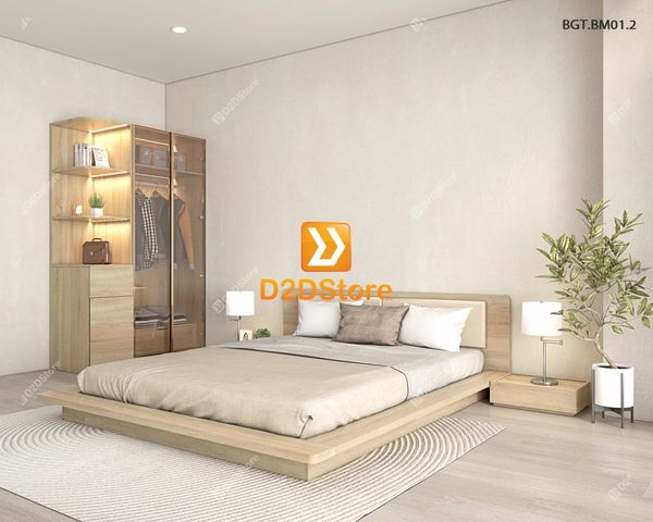 Bộ tủ giường đồng màu kích thước tủ 1200x2000 cánh kính kết hợp giường kiểu nhật mã BTG.BM01.2