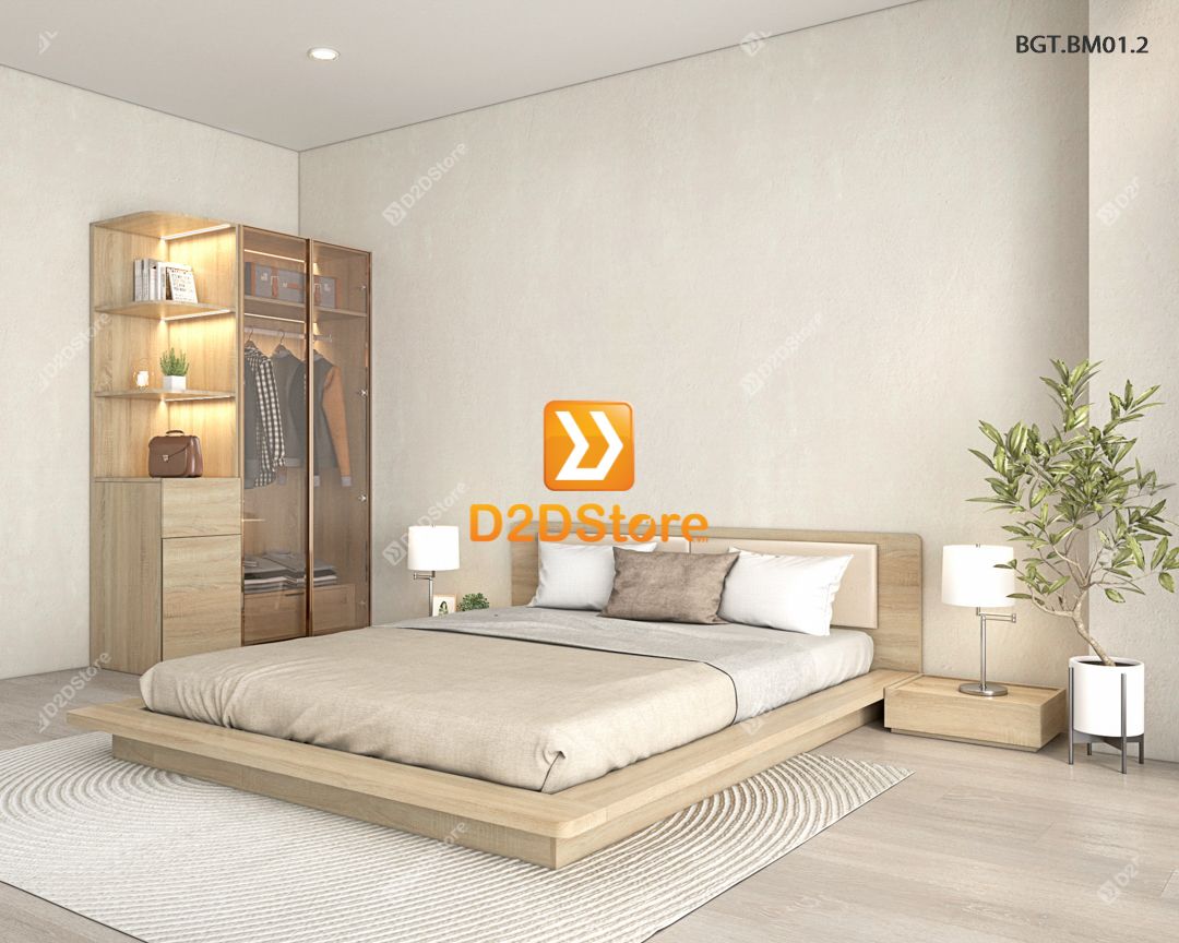  Bộ tủ giường đồng màu kích thước tủ 1200x2000 cánh kính kết hợp giường kiểu nhật mã BTG.BM01.2 