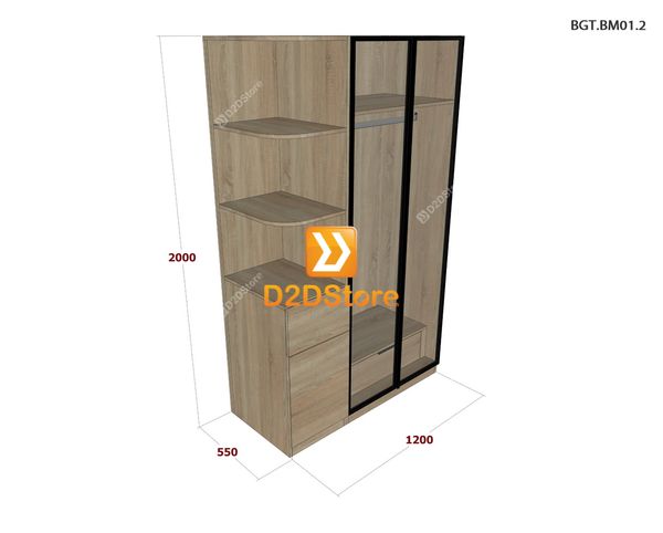 Bộ tủ giường đồng màu kích thước tủ 1200x2000 cánh kính kết hợp giường kiểu nhật mã BTG.BM01.2