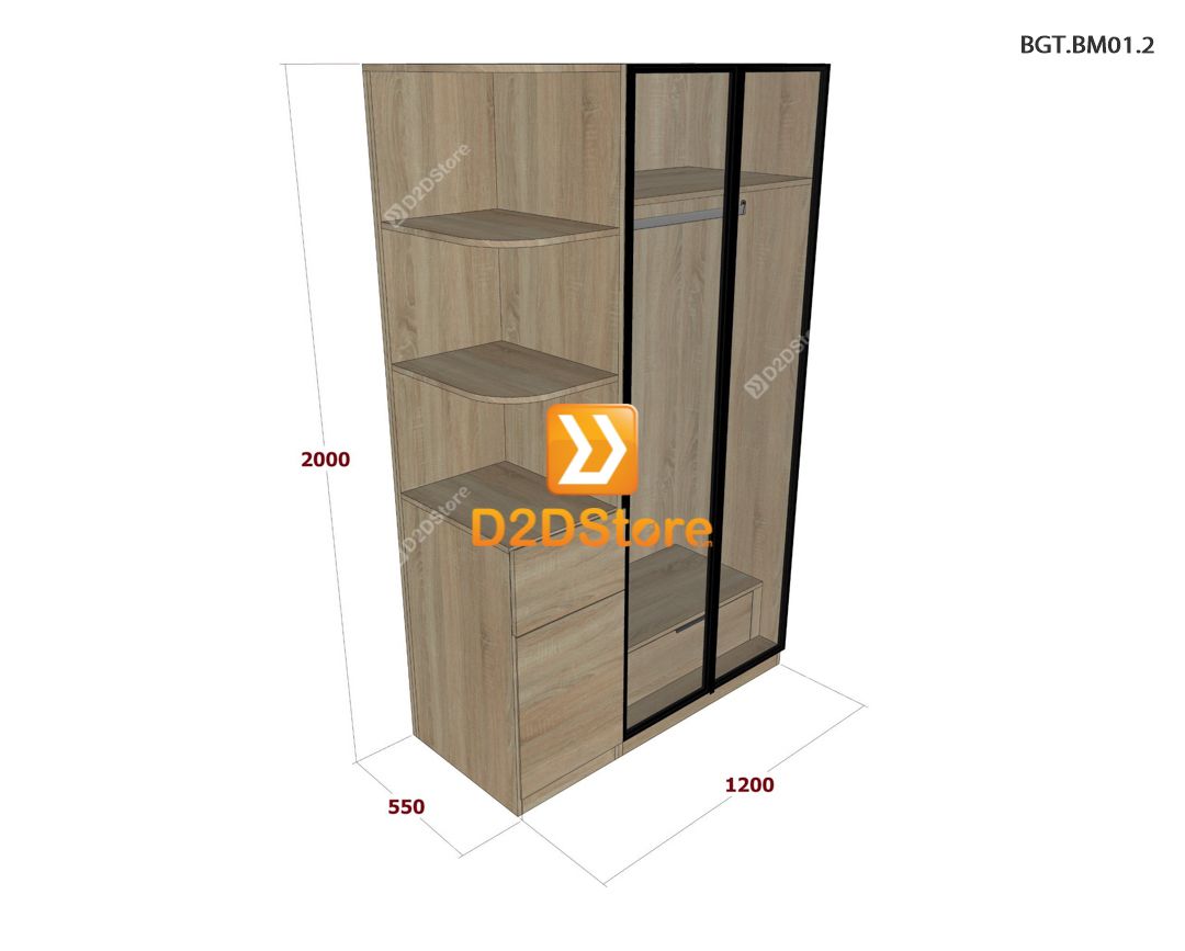  Bộ tủ giường đồng màu kích thước tủ 1200x2000 cánh kính kết hợp giường kiểu nhật mã BTG.BM01.2 