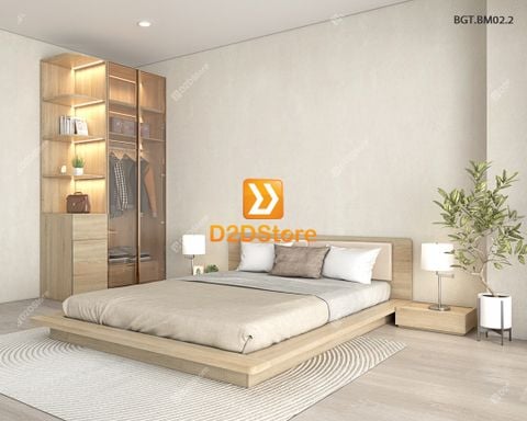 Bộ tủ giường đồng màu kích thước tủ 1200x2400 cánh kính kết hợp giường kiểu nhật mã BTG.BM02.2