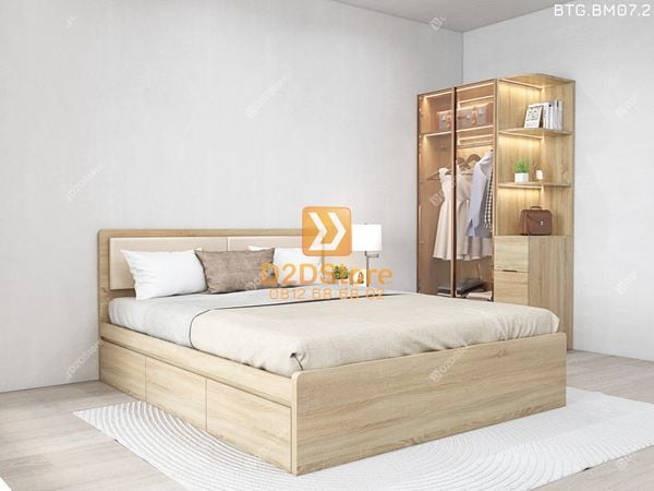 Bộ tủ giường đồng màu kích thước tủ 1200x2000 cánh kính kết hợp giường 3 hộc kéo mã BTG.BM07.2