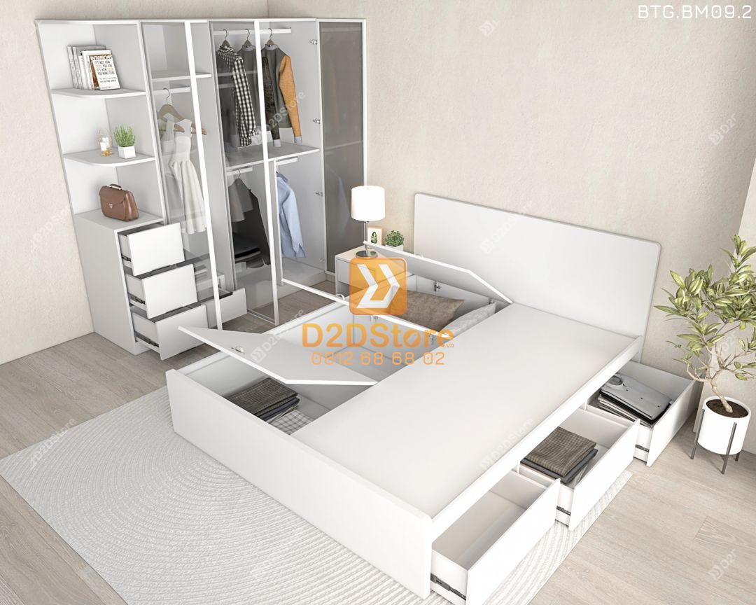  Bộ tủ giường đồng màu kích thước tủ 1600x2000 cánh kính kết hợp giường 3 hộc kéo mã BTG.BM09.2 
