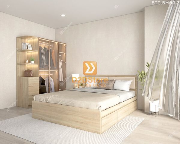 Bộ tủ giường đồng màu kích thước tủ 1600x2000 cánh kính kết hợp giường 3 hộc kéo mã BTG.BM09.2