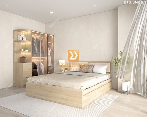 Bộ tủ giường đồng màu kích thước tủ 1600x2000 cánh kính kết hợp giường 3 hộc kéo mã BTG.BM09.2