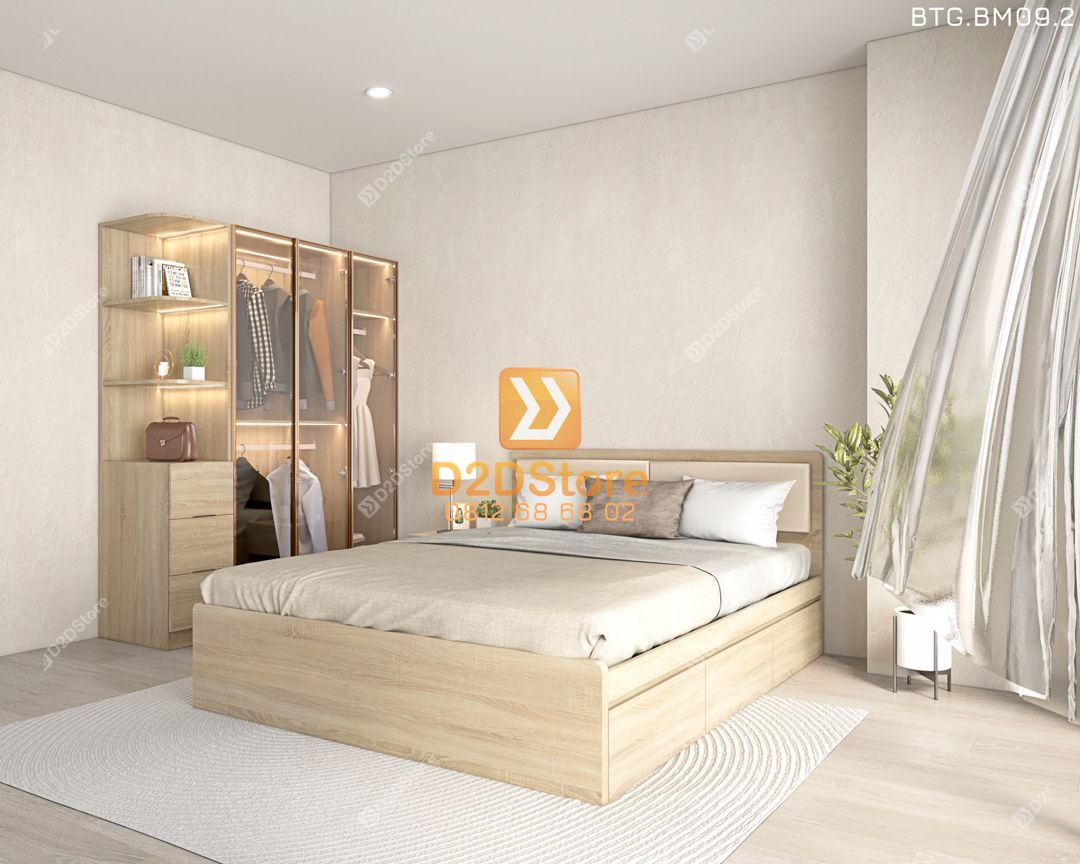  Bộ tủ giường đồng màu kích thước tủ 1600x2000 cánh kính kết hợp giường 3 hộc kéo mã BTG.BM09.2 