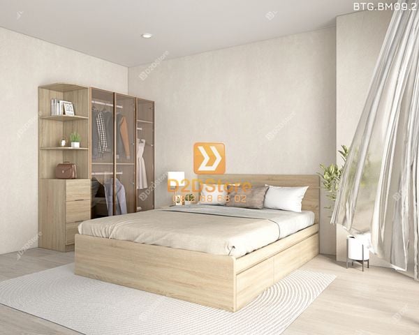 Bộ tủ giường đồng màu kích thước tủ 1600x2000 cánh kính kết hợp giường 3 hộc kéo mã BTG.BM09.2