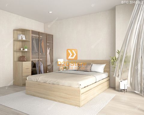 Bộ tủ giường đồng màu kích thước tủ 1600x2000 cánh kính kết hợp giường 3 hộc kéo mã BTG.BM09.2